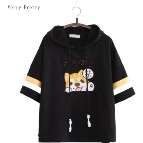 Hooded T Shirts Cartoon Dog Embroidery Funny T Shirt 2020 Summer New Arrival Short Sleeve O Neck Cotton T-shirt For Girl Female