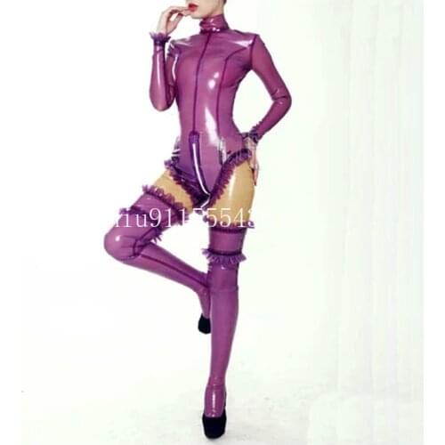 Latex Catsuit Rubber Women Lace Bodysuit with Stocking Front Zipper Purple 0.4mm Size XXS-XXL
