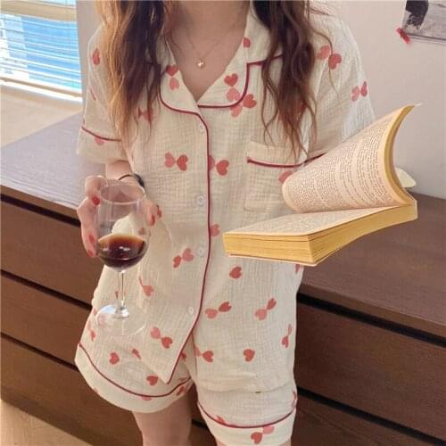 Cute Sweet Pajamas Set Women Cotton Linen Home Suit Summer Short Sleeve Shorts Homewear 2 Piece Set Shorts Pyjamas Sleepwear Set