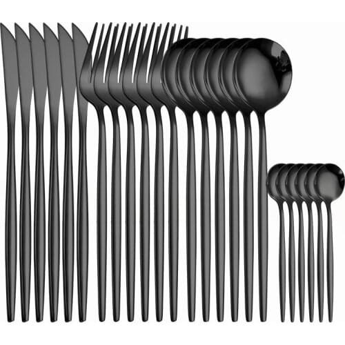 24pc Black Cutlery Set Stainless Steel Tableware Kitchen Dinnerware Set Mirror Knife Fork Spoon Dinner Set Complete Dropshipping