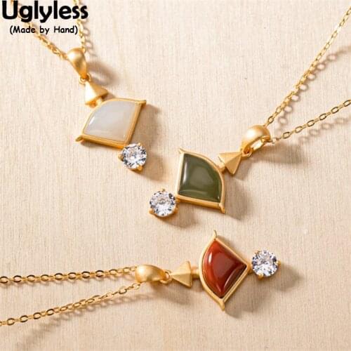 Uglyless Cupids Arrow Creative Women Lovely Jewelry Sets Agate Jade Studs Earrings Necklaces +Chain Zircons Crystals 925 Silver