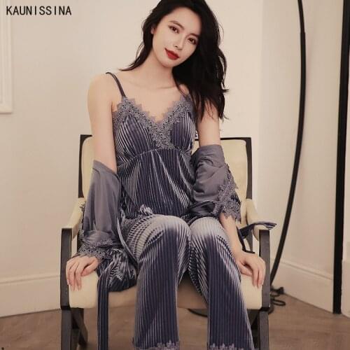 New Women Velvet 3 Pieces Pajamas Sets with Lingerie Robe Sexy Lace Sleepwear Autumn Winter Pyjama With Chest Pad Homewear Suits