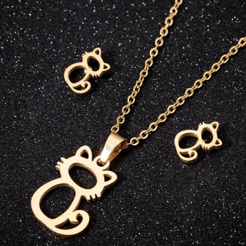 Oly2u Cute Cat Moon Star Jewelry Set Stainless Steel Irregular Heart Heartbeat Pendant Necklace Earrings for Women