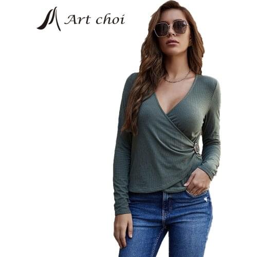 Spring Autumn Winter Women Fashion T Shirt Solid Casual Pullover Crossover V-Neck Long Sleeve Tops Slim Bottoming Base Shirt
