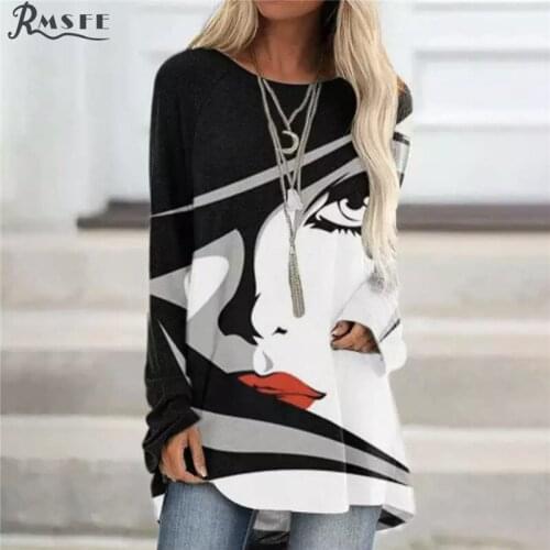 RMSFE 2021 Womens Long Sleeve Round Neck Retro Abstract Face Loose Casual Irregular Printed T-Shirt