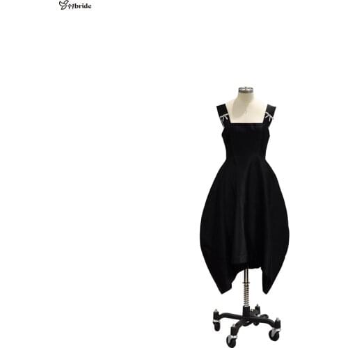 YYbride New Design Black Satin Oval Skirt Tea Length Customized Square Collar Elegant Girl Party Prom Dresses