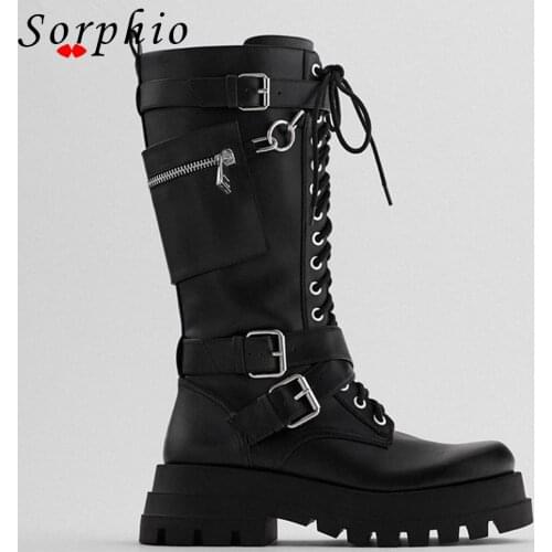 Womens Classic Style Knee High Motorcycle Boots Pocket Design Buckle Lace Up Fashion Popular Brand Luxury New Arrivals Winter