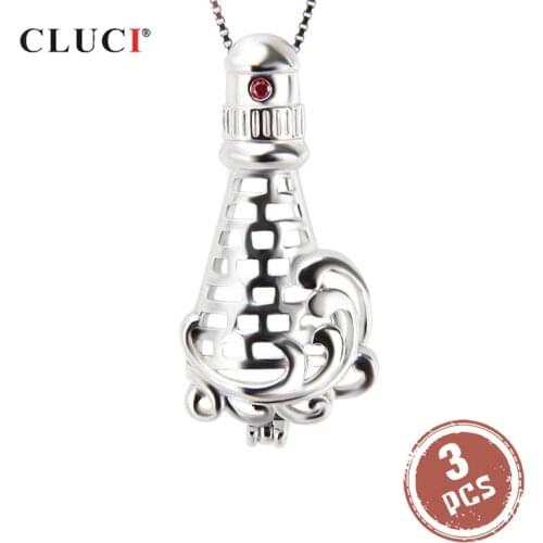 CLUCI 3pcs 925 Sterling Silver Lighthouse Shaped Cage Pendant Women Necklace Jewelry Silver 925 Pearl Locket SC178SB