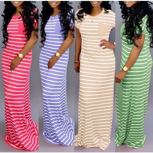 Women dress Summer Beach Boho Short Sleeve Striped O-Neck Pockets Maxi Summer Ladies Evening Party Long Sundress Hot 2XL