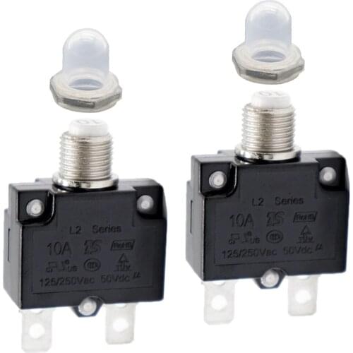 2x Black 10A Circuit Breaker Overload Protector Switch Fuse Resettable AC 125/250V For 3/8 inch (10 mm) round hole