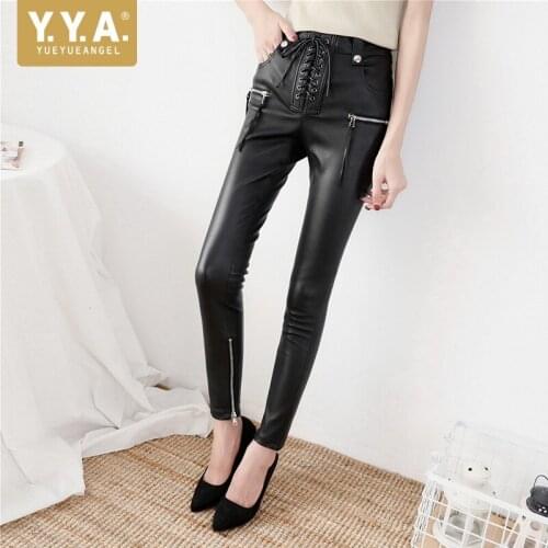 Women High Waist Stretch Lace Up Trousers Punk Natural Leather Sheepskin Pencil Pants Elegant Office Slim Ankle Length Pants