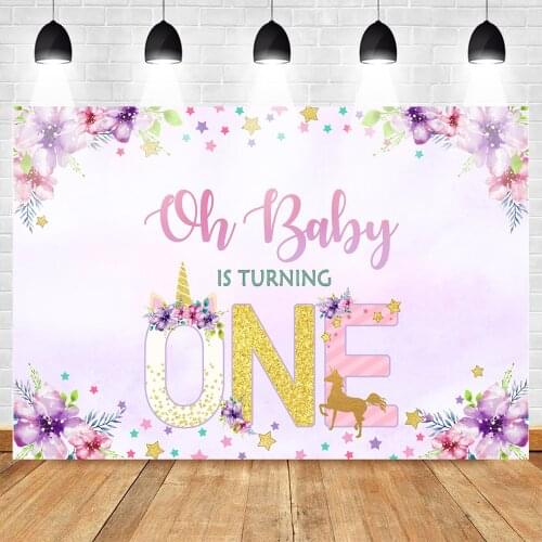 Baby is Turning One Party Backdrop Unicorn Baby 1st Birthday Party Photo Background Purple Flowers Stars Children Birthday Decor