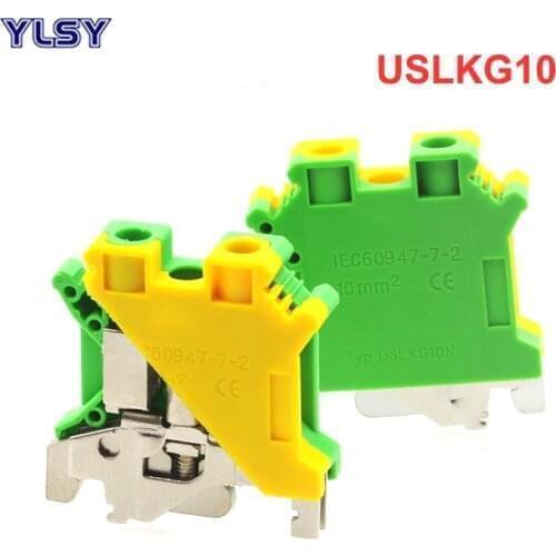 1Pcs Ground Terminal Blocks USLKG10 DIN1Pcs Rail Screw Terminal Blocks UK-10N Yellow Green Earthing Morsettiera Connector 10mm2