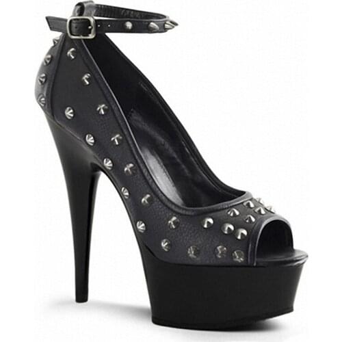 Leather black and white rivet fish mouth stilettos, summer cut off wedding female simple female pump 15cm