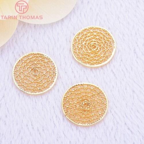 4PCS 15MM 20MM 24K Gold Color Plated Brass Round Hollow Lace Charm Pendants for Jewelry Making Findings Accessories
