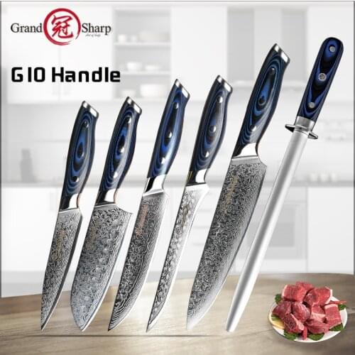 Grandsharp Damascus Kitchen Knives Set 67 Layers vg10 Japanese Damascus Steel Chef Santoku Boning Utility Damascus Knives Gift