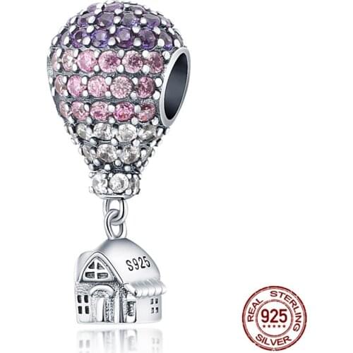 925 Sterling Silver Red&White Zircon Hot Air Balloong Pendant Fit Original 3mm Wome Bracelet&Bangle Fashion DIY Charms Making