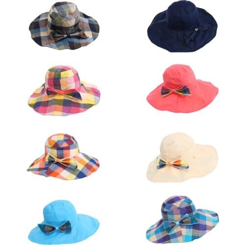 Large Brim Floppy Foldable Roll up Plaid Style Beach Sun Hat for Women Lady