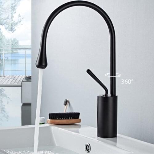 LIUYUE Basin Faucets Brass Black Tall/Low Single Handle Basin Drop Shape Faucet Bathroom Large Curved Faucet Cold Hot Mixer Taps