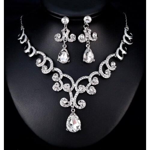 Wedding jewelry set diamond pendant drop earrings necklace two-piece bridal jewelry temperament silver gift sweet romantic