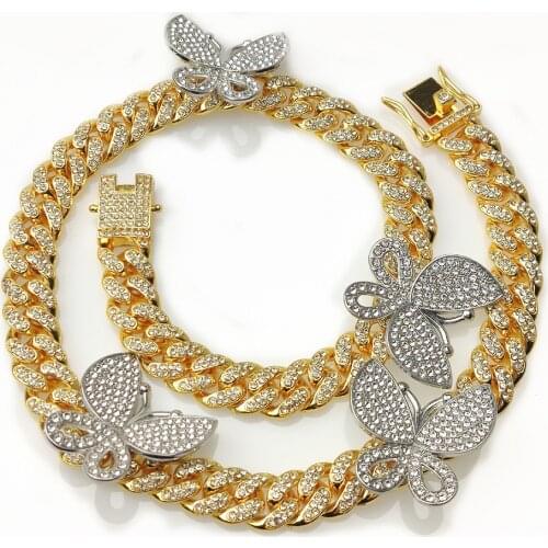Hip Hop Length 50cm Width 12mm Micro Pave Cubic Zircon Alloy Cuban butterfly Chain Necklace Bling For Men Women Jewelry