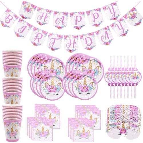 Unicorn Party Supplies Disposable Tableware Set Kids Birthday Decoration Paper Plates Cups Bunting Banner Baby Shower Girl Decor