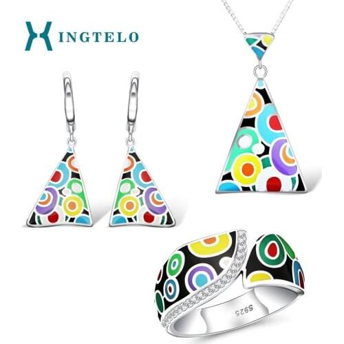 XINGTELO Colorful Geometric Pattern Jewelry Set for Women 925 Sterling Silver Ring Earrings Pendant Chain Wedding Accessories