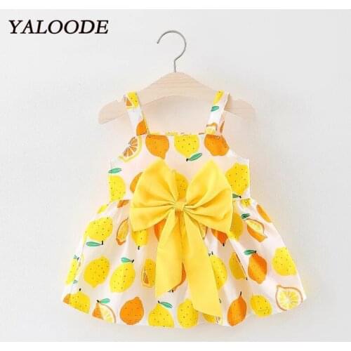 YALOODE 2020 New Lemon Print Bow Princess Dress Sleeveless Baby Girl Dress Cotton Infant Toddler Baby Girl Clothes