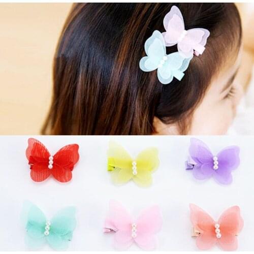 25pcs/lot Chiffon Hairpin Girl Hair Clip Butterfly Barrette Children Pearl Gift Kid Bow Summer Style Jewelry Hair Accessories