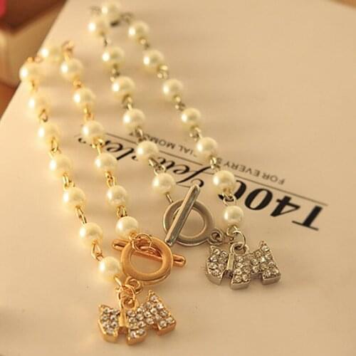 Full Small Simulated Pearl Bling Crystal Golden Silver Plated Dog Pendant Beaded Bracelets for Women