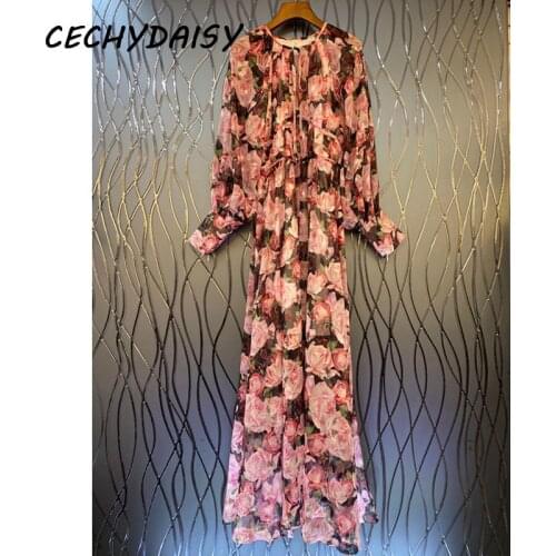 2021 Maxi Fashion Dress Women Spring Hollow Out V Neck Lantern Sleeve Sexy Split Pink Floral Print Vacation Party Swing Dresses