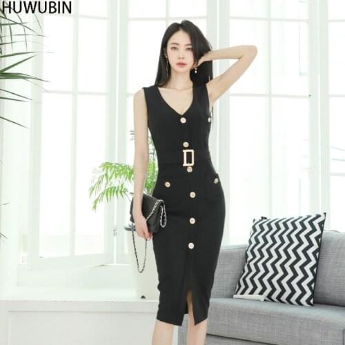 Korean Summer Womens V-Neck High Waist Light Luxury Temperament Slim Strap Single Breasted Sleeveless Slim Fashion Dress
