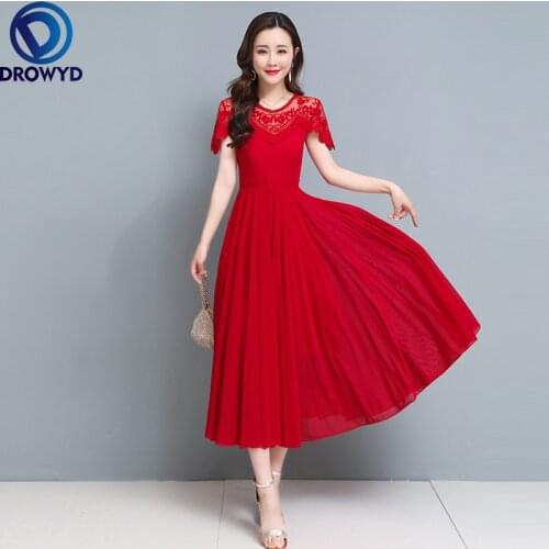 2021 New Mesh Dress Temperament Long Dress Knee-length Waist Short-sleeved Large Slender Lace Dress Sexy Party Dress Vestidos