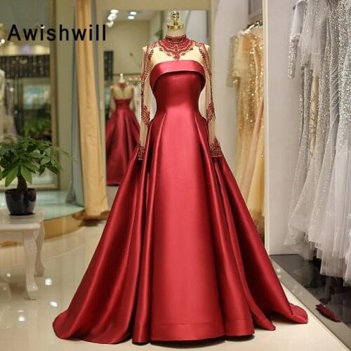 Gorgeous Beaded Satin Sweep Train Long Sleeves Evening Dress High Neck A Line See Through Back Women Formal Prom Gown Red