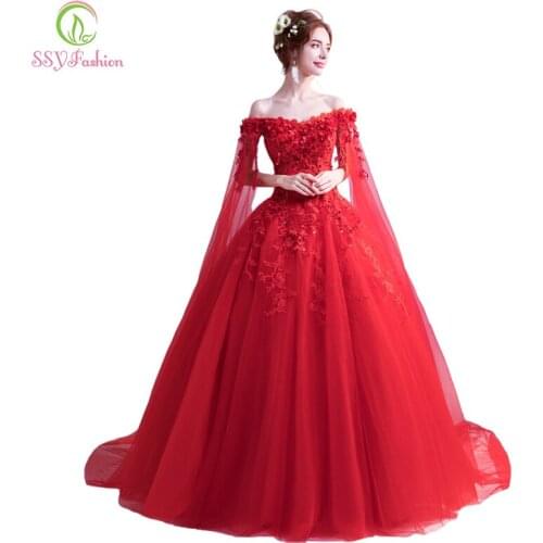 SSYFashion New The Bride Married Banquet Red Evening Dress Boat Neck with Cape Luxury Lace Flower Long Prom Party Formal Gown