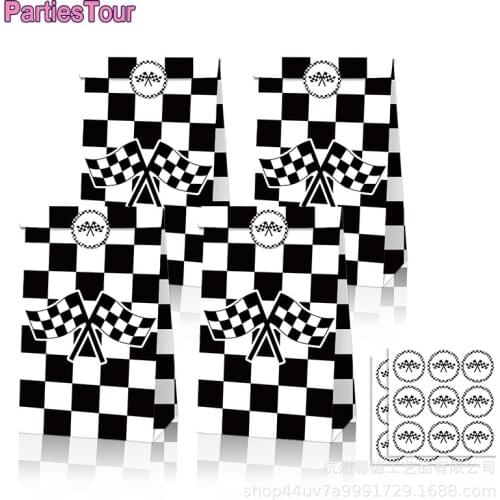 12pcs/set Checkered Racing Treat Bags with Sticker Black and White Candy Goodie Paper Gift Bags for Cars Birthday Party Favor