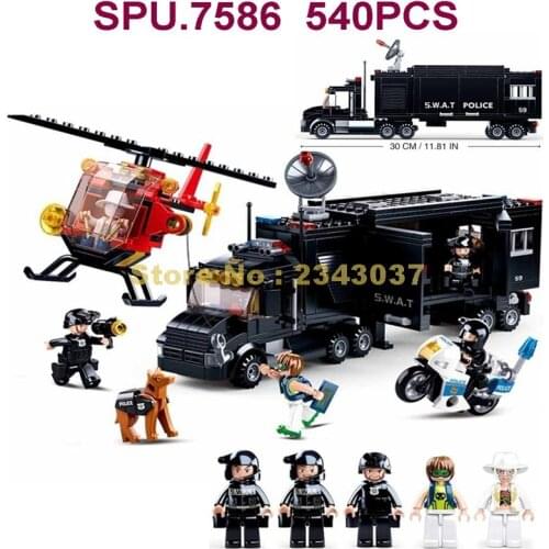 Sluban 0659 540pcs Military Swat Urban Police Helicopter Motorcycle Command Truck Building Blocks Toy