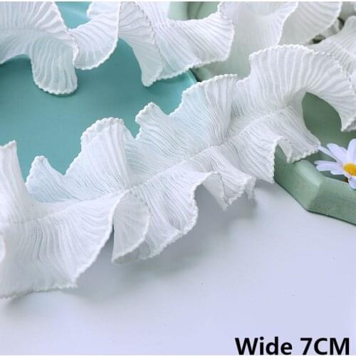 7CM Wide White 3D Pleated Chiffon Fabric Bilateral Wave Ruffle Lace Applique Wedding Dress Collar Skirt Hemline DIY Sewing Decor