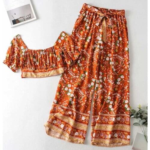 Boho Inspired women two piece outfits floral 2 piece sets womens summer boho pants+crop top rayon women 2 piece set for beach