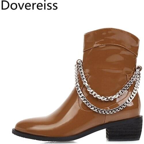Dovereiss Fashion Womens Shoes Winter new Elegan sexy Zipper Metal chain Concise yellow Mature Short boots Chunky heels 33-46