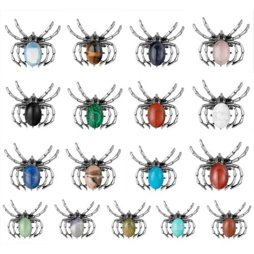 Spider Brooches Pins for Women in Gift Box Healing Crystal Pendant Stone Necklace Balance Chakra Jewelry Leather Chain Halloween