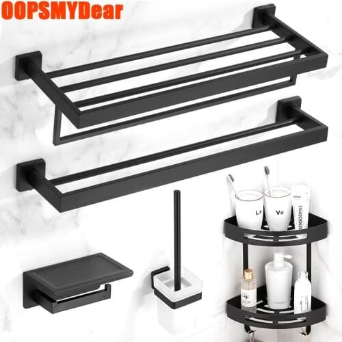 Black Bathroom Hardware Set Accessories Wall Mount Bath Towel Shelf Stainless Steel Cloth Hanger Hook Toilet Paper Brush Holder