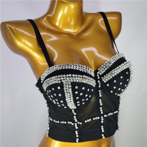 Cupplee Women Sexy Rhinestones Diamantes Decor Crop Top Ladies Club Dance Elastic Wrap Corsets Camisoles Black White Green Red