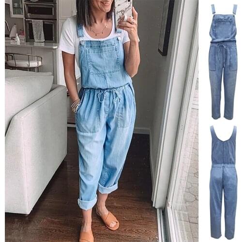 Helisopus 2021 New Soft Denim Women Jumpsuit High Waist Solid Color Loose Denim Pants Jeans Loose Drawstring Overalls Plus Size