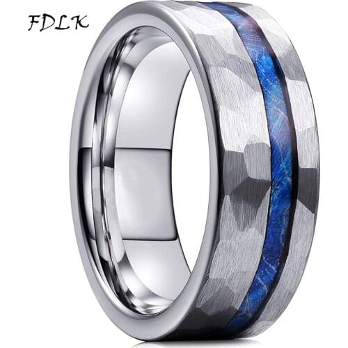 Unique 8MM Mens Silver Color Hammered Tungsten Carbide Ring Inlay Blue Wood Multifaceted Men Engagement Ring Mens Wedding Band