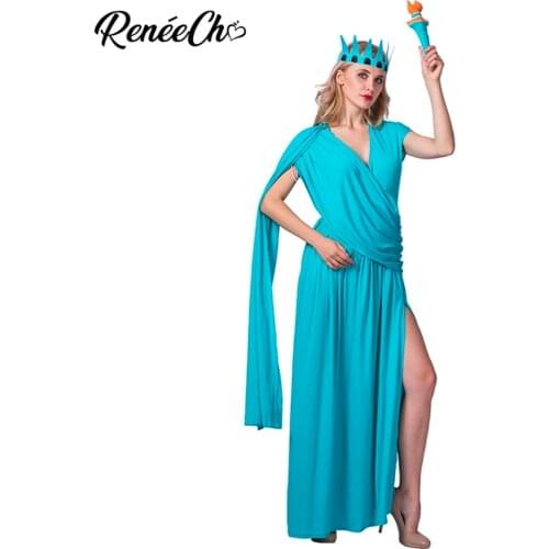 Reneecho halloween costumes for adult Women Lady Liberty Costume blue long dress grown torch set female anime cosplay party wear