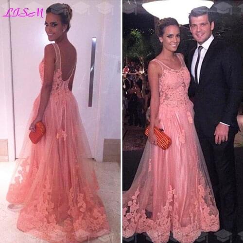 Lace Appliques Tulle Backless Evening Dresses Scoop Illusion Formal Evening Gowns Long Pink Prom Dress Party Gowns