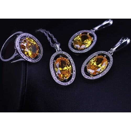 Many Colors Sparking Yellow Zircon Platinum plated Jewelry Set Earrings Ring Necklace With Pendant Bridal Jewelry
