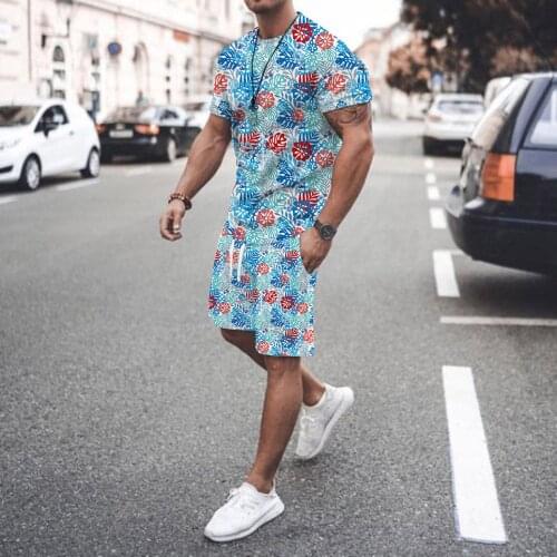 52# Printing Men Sets Short Sleeve T-shirts And Shorts Pants Sets Hawaiian O-neck Pocket Suit Pantalon De Jogging Camiseta
