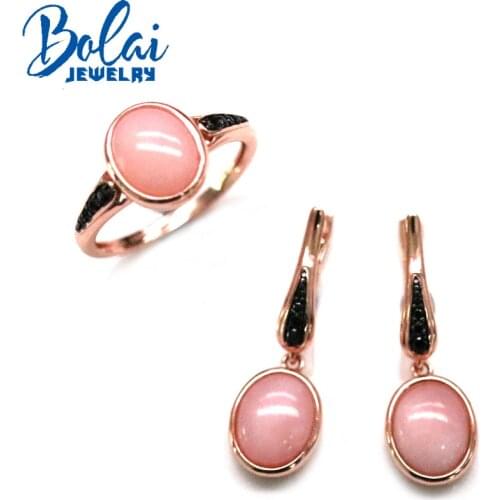 Natural pink opal oval 8*10mm ring and earring set, 925 sterling silver simple design, suitable for anniversary, party wear